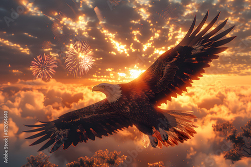 Flying eagle with American flag and fireworks on background, 4 July Independence Day celebration.