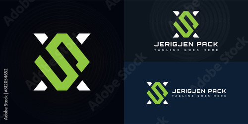 Abstract initial square letter JP or PJ logo in green-white color isolated on multiple background colors. The logo is suitable for automotive power pack business logo design inspiration templates.