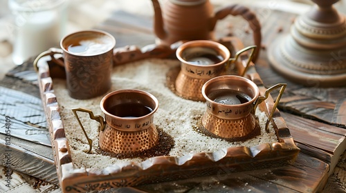 coffee in copper turks with long handles on tray with sand real coffee preparation photo