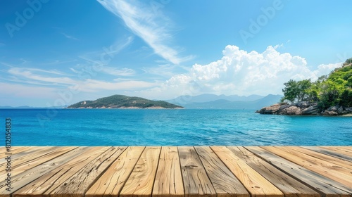 Wooden table on the background of the sea, island and the blue sky © Fathur