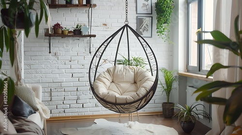 Cozy hanging chair in the loft living room with stylish and bohemia design well designed and decorated with an assortment of interesting plants photo