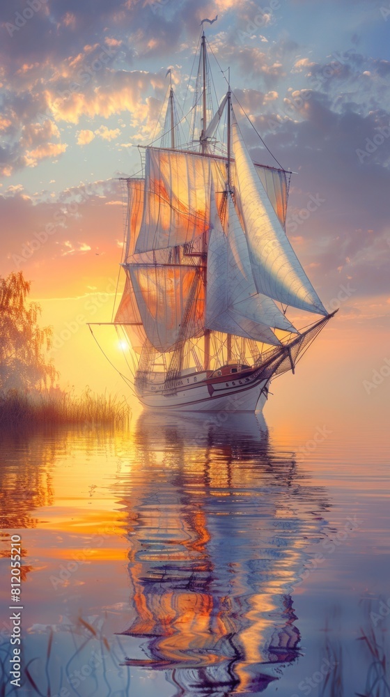 A sailboat navigating through water during sunset A sailboat navigating through water during sunset