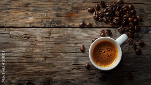 Cup of espresso and coffee beans on wooden table