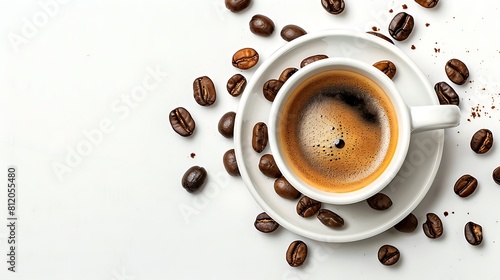 cup of espresso coffee with several roasted coffee beans on white background