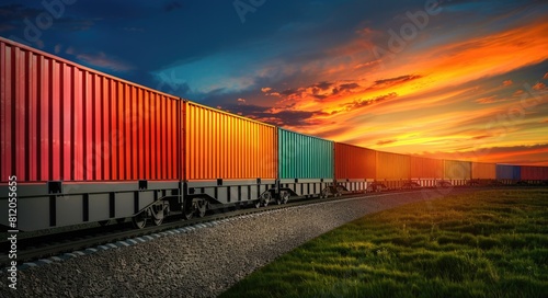 Train Shipping. Freight Wagon Loaded with Cargo Containers on Railway Background