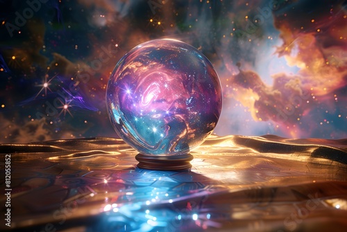 Crystal ball in space background filled with cosmic stars  planets  galaxies.