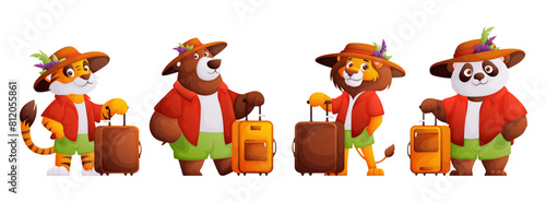 Set of cartoon animal travelers. A lion, a bear, a tiger, a panda in a summer red shirt, green shorts and a hat with feathers are holding a suitcase. Character ready for vacation, travel and summer. photo