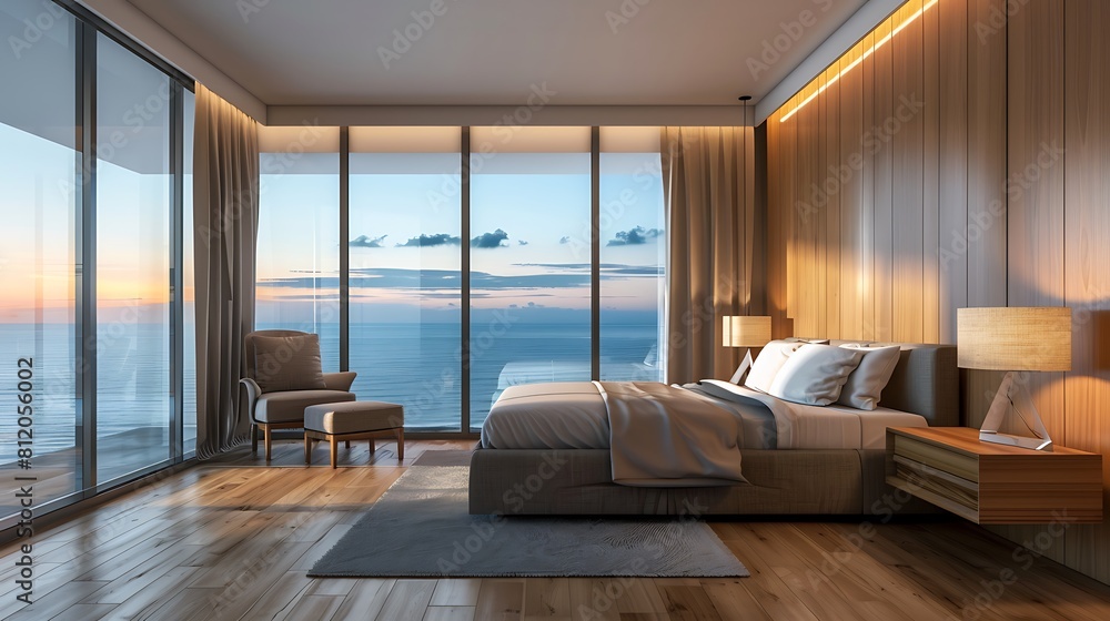 Elegant bedroom interior with double bed night tables armchair and seaview through window Elegant bedroom interior with double bed night tables armchair and seaview through window