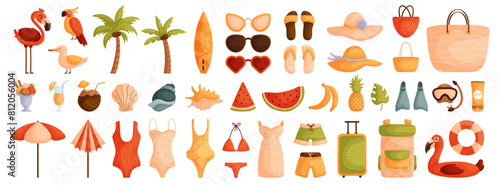 Large set of elements on the theme of summer, travel and vacation. Flat cartoon. Swimsuits, shells and summer drinks. Hats, sunglasses and bags for the beach. Watermelon, banana and pineapple.