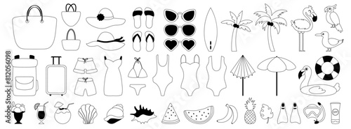 Large set of elements on the theme of summer, travel and vacation. Black line icons. Swimsuits, shells and summer drinks. Hats, sunglasses and bags for the beach. Watermelon, banana and pineapple.