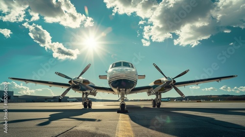 Plane with propellers parked at airport on sunny day