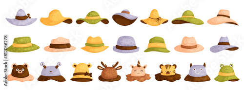 Cartoon hats. Female,male and kids headwear, derby and cowboy, straw hat, panama. Summer women vintage fashion hats vector set. Illustration female,male and Kids accessory hat.