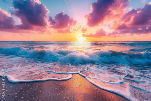 Sunset serenity. Waves embrace the shoreline in a kaleidoscope of colors