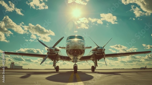Plane with propellers parked at airport on sunny day