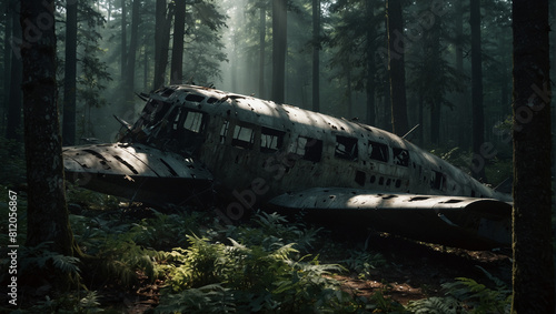 A wrecked plane lies abandoned in the middle of a deep spooky forest wit