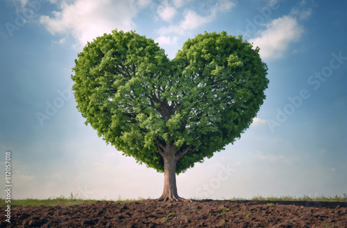 Heart-shaped tree in a field with blue background