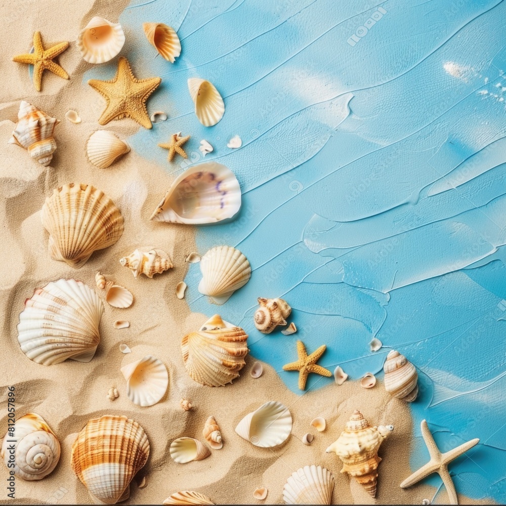 Beach Copy Space. Summer Sandy Beach Background with Seashells, Perfect for Text on Sunny Vacation