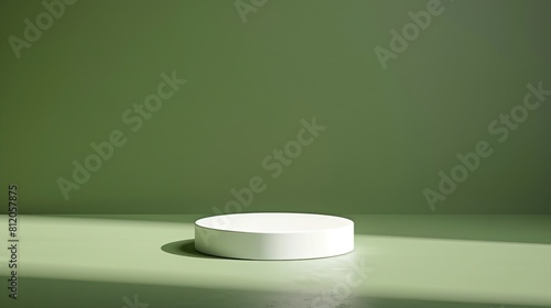 a small white circular podium on a green background taken at wide angle  hyperrealistic  8k