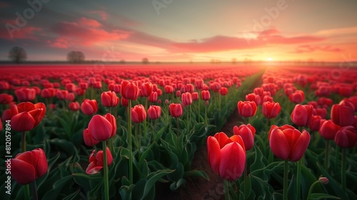 W polu rozci  gaj   si   czerwone tulipany  a s  o  ce zachodzi na horyzoncie. Sceneria jest malownicza i pe  na naturalnego uroku