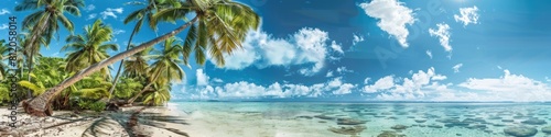 Ocean Beach Palm Tree. Panoramic View of Fakarava Atoll's Tropical Coastline in French Polynesia © AIGen