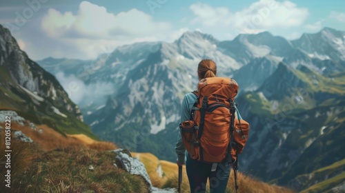 Explore Nature. Woman Explorer Trekking Through Epic Landscape with Backpack