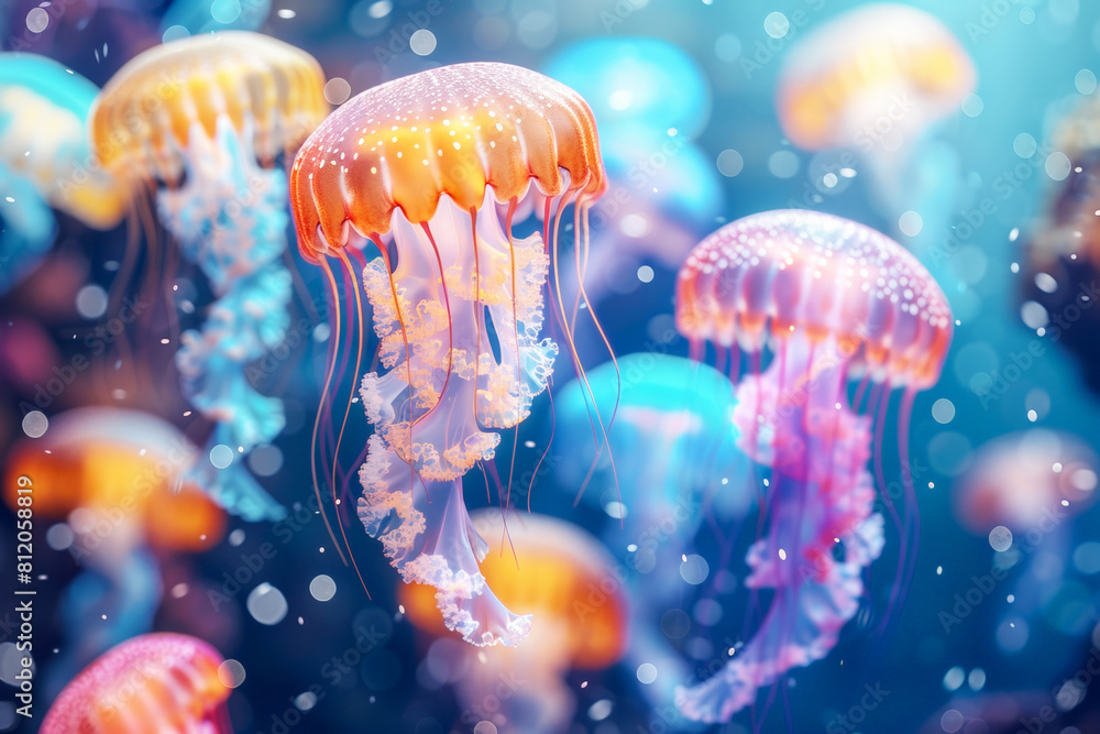 Vibrant jellyfish swimming in deep blue ocean for World Oceans Day Vibrant jellyfish swimming in deep blue ocean for World Oceans Day
