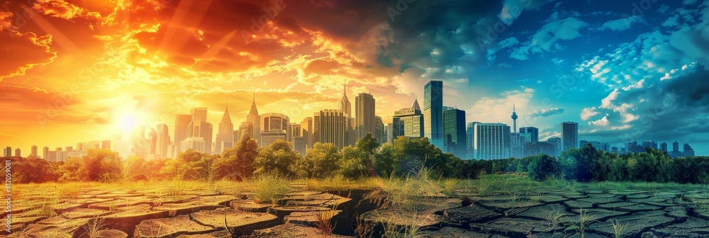A city skyline is shown with a bright orange sun in the background by AI generated image