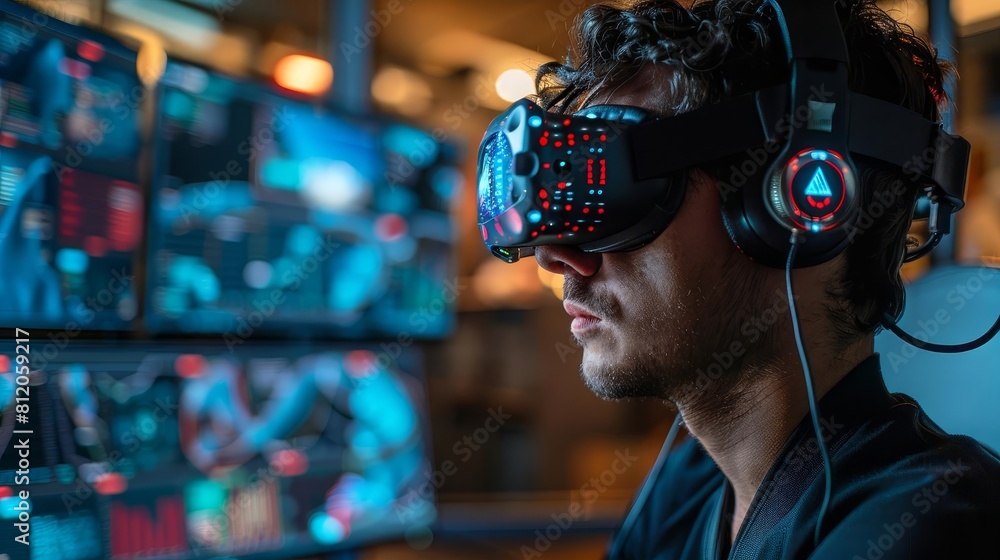 An individual using a braincomputer interface for virtual reality, experiencing immersive digital worlds directly through neural input An individual using a braincomputer interface for virtual reality, experiencing immersive digital worlds directly through neural input
