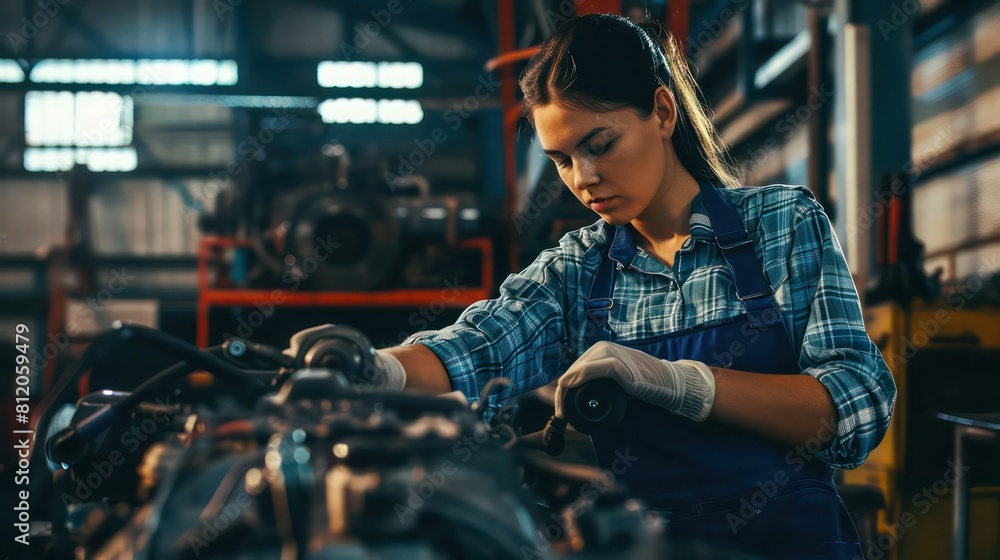 Female mechanic working on engine in a workshop