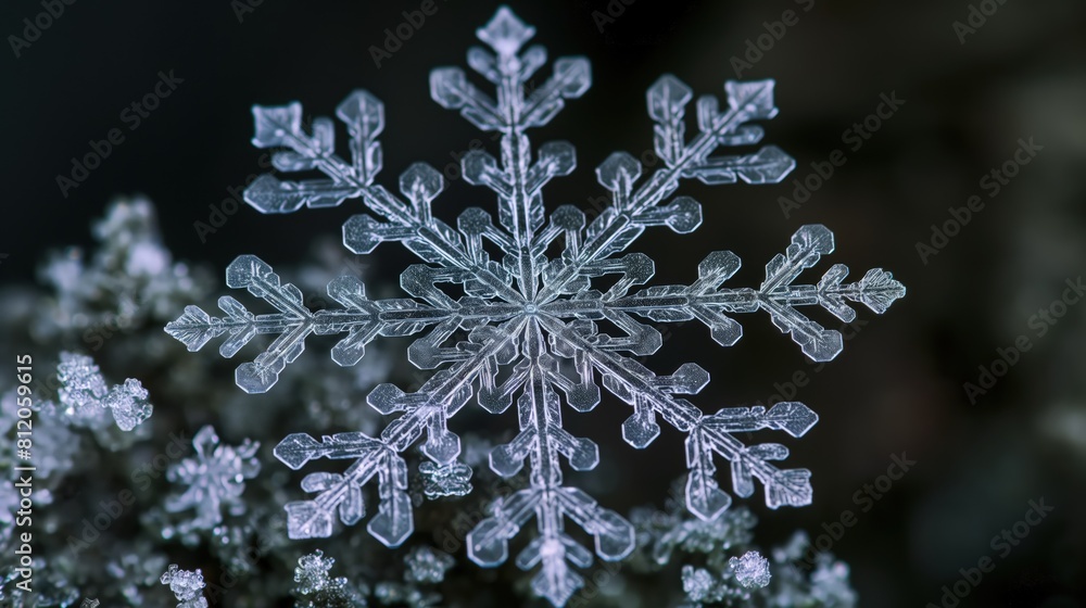 A close-up of an intricate snowflake. A close-up of an intricate snowflake.