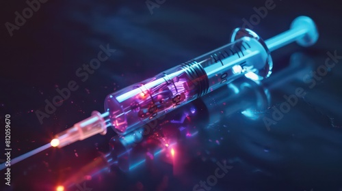 Glowing hologram of syringe 3D model with dark background