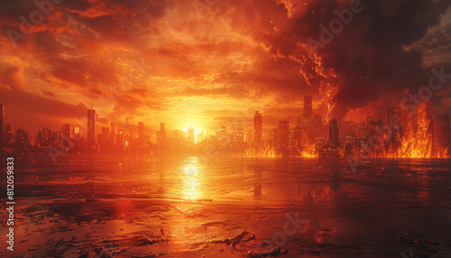 A city is on fire and the sun is setting by AI generated image