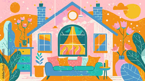 Whimsical Illustration of a Cozy Home Interior with Colorful Decor and Plants