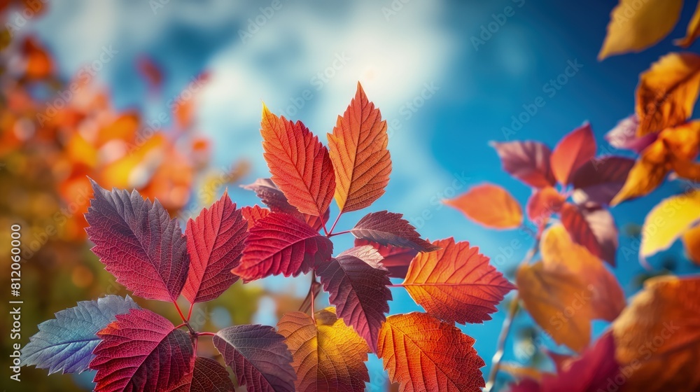 A close-up of colorful autumn foliage, with leaves in shades of red, orange, and yellow against a blue sky. A close-up of colorful autumn foliage, with leaves in shades of red, orange, and yellow against a blue sky.