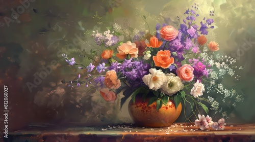 Happy Mother's day background, Mothers day flowers in vase done, Elegant floral colors of purple pink white and peach in dark green and rusted orange vase © Ibad