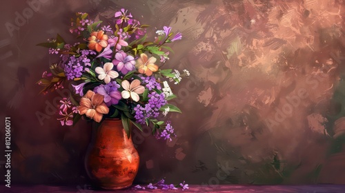 Wallpaper Mural Happy Mother's day background, Mothers day flowers in vase done, Elegant floral colors of purple pink white and peach in dark green and rusted orange vase Torontodigital.ca