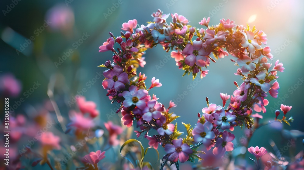 Spring background. Branches form a heart-shaped pattern. Roses in the shape of a heart