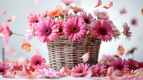 Daisy flower petals fall from above in a basket with flowers on a white background (ID: 812060234)