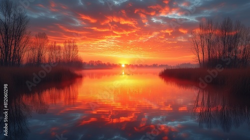Słońce schodzi za horyzont nad jeziorem, tworząc piękne odbicia na lustrzanym powierzchni wody. Widok jest spokojny i relaksujący photo