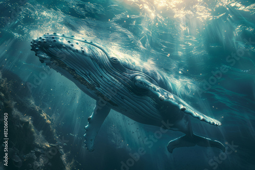 Dive into the depths of the ocean on World Oceans Day with a captivating underwater scene showcasing the majestic presence of a humpback whale in its natural habita