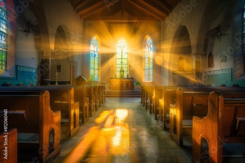 A church with stained glass windows and wooden pews