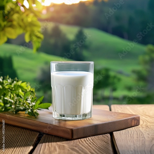 a glass of milk placed on a wooden table, with soft natural light illuminating the scene. The composition should emphasize the purity and freshness of the milk, creating a sense of comfort and nostalg photo