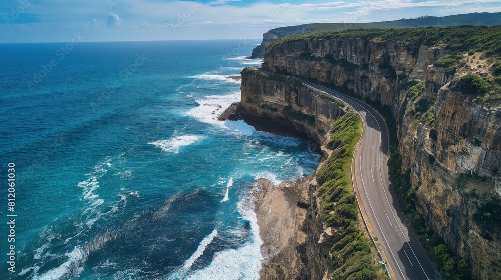 A coastal road with a dramatic cliff on one side and the vast, blue ocean on the other. 