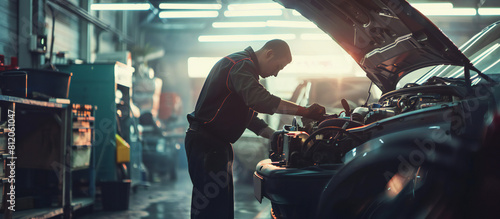 An image of a mechanic performing maintenance on a car in an auto repair shop, changing oil, checking tires, or conducting  photo