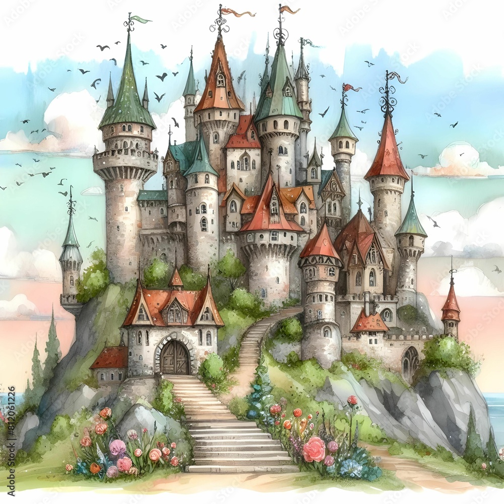 Whimsical, fairytale castle, perched on a hill, watercolor illustration
