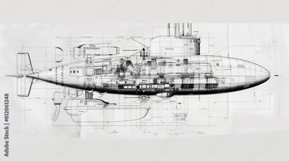 A schematic of a submarine, focusing on the pressure hull and control systems A schematic of a submarine, focusing on the pressure hull and control systems