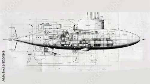 A schematic of a submarine, focusing on the pressure hull and control systems photo