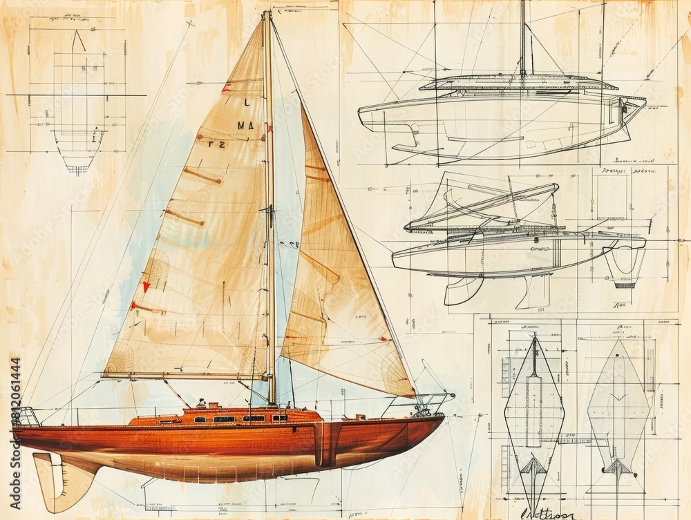 An architectural drawing of a recreational sailboat, highlighting the sail mechanisms and hull design An architectural drawing of a recreational sailboat, highlighting the sail mechanisms and hull design