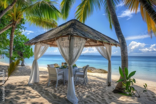 A beach scene with a white tent and a table with chairs