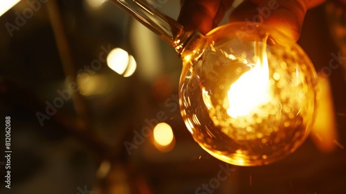 A glassblower shapes a molten glass bubble with a blowpipe. photo